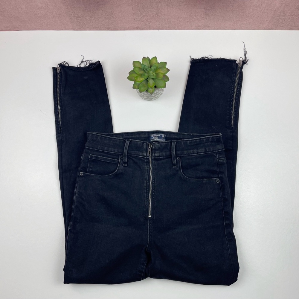 Abercrombie & Fitch Black High Rise Super Skinny Ankle Denim Jeans Zipper Accent